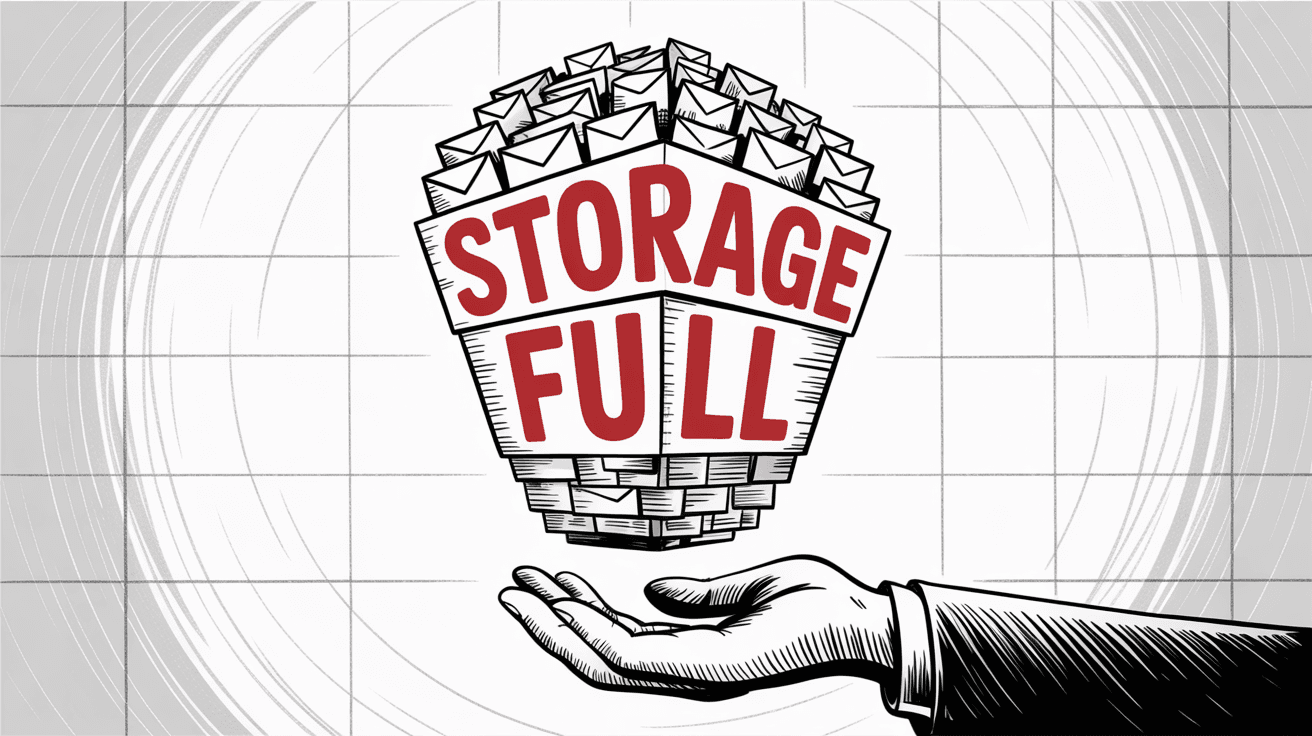Gmail storage warning illustration showing envelopes with "Storage Full" message
